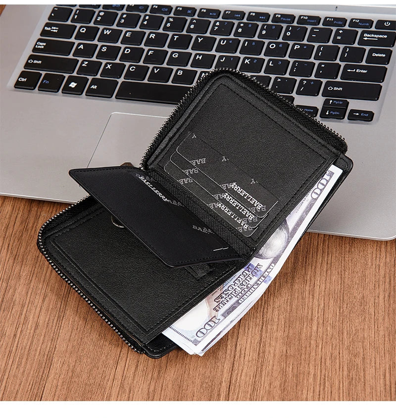 Baellerry RFID Short Men’s Wallet — Luxury Zipper Card Holder with Coin Pocket & Photo Slots