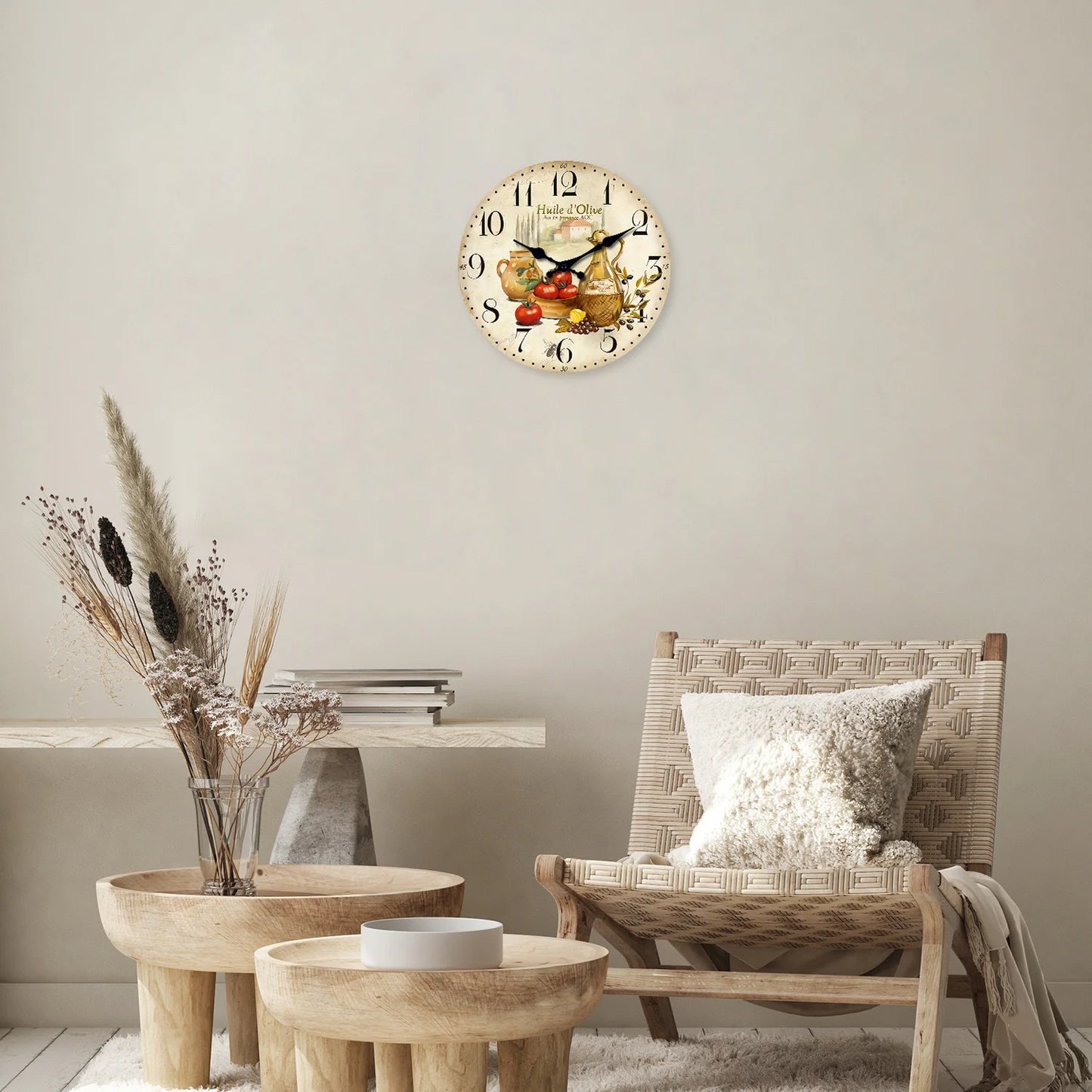 Retro Provence Wooden Wall Clock – Olive Oil & Tomato Pattern, Silent Quartz for Living Room, Bedroom, Kitchen | 10-16 Inch Home Decor, Holiday Gift (No Batteries)