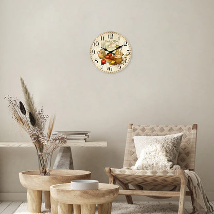 Retro Provence Wooden Wall Clock – Olive Oil & Tomato Pattern, Silent Quartz for Living Room, Bedroom, Kitchen | 10-16 Inch Home Decor, Holiday Gift (No Batteries)