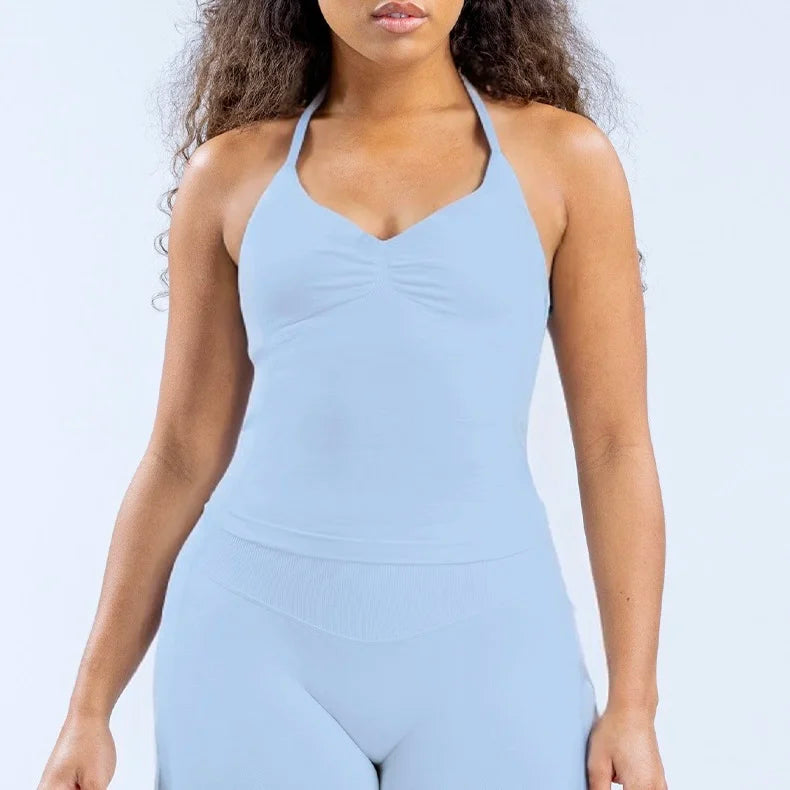 New Impact Sports Yoga Vest - Women's Backless Fitness Top, Built-in Bra with Cups, Scrunch Gym Clothes for Workout