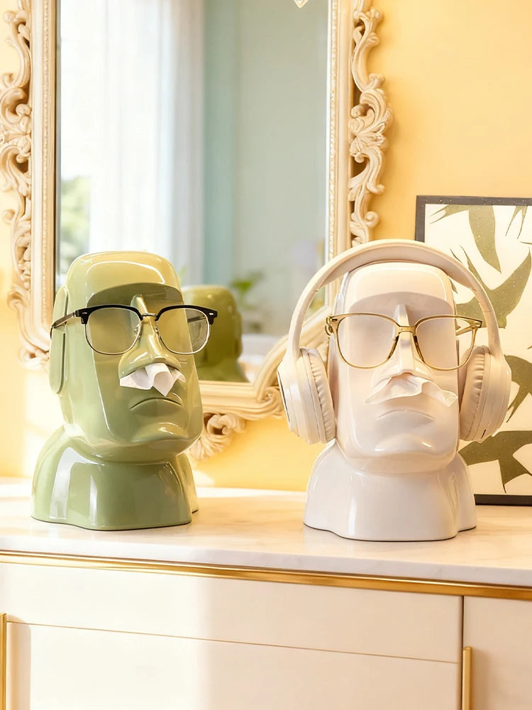 Miniso Moai Stone Statue Tissue Box & Glasses Holder – Multifunctional Home Decor Stand