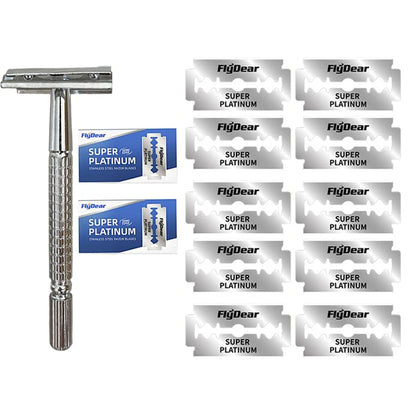 Double Edge Beard Shaver Set – Men's Classic Stainless Steel Razor with Trimmer Blades and Storage Box