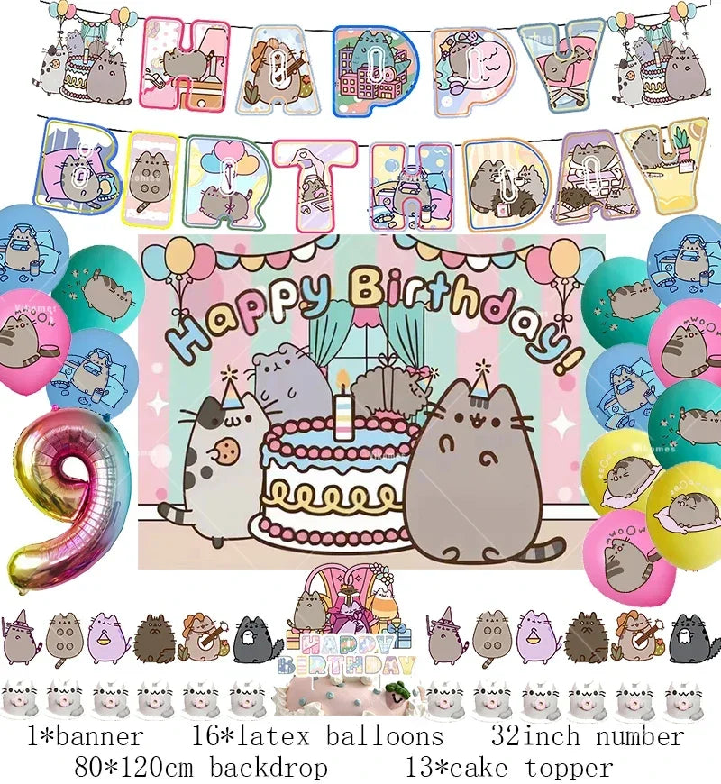 Pusheen Cat Birthday Party Decorations - Cartoon Pet Theme Balloons, Banner, Backdrop, Cake Topper, and Baby Shower Stickers