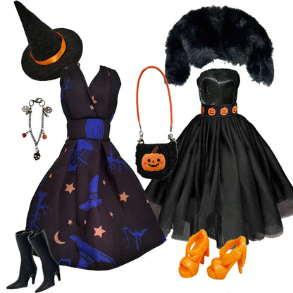 1/6 Doll Halloween Cosplay Outfit – Witch Dress, Cap, Belt, Bag & Broom for 12" BJD / 30cm Dolls