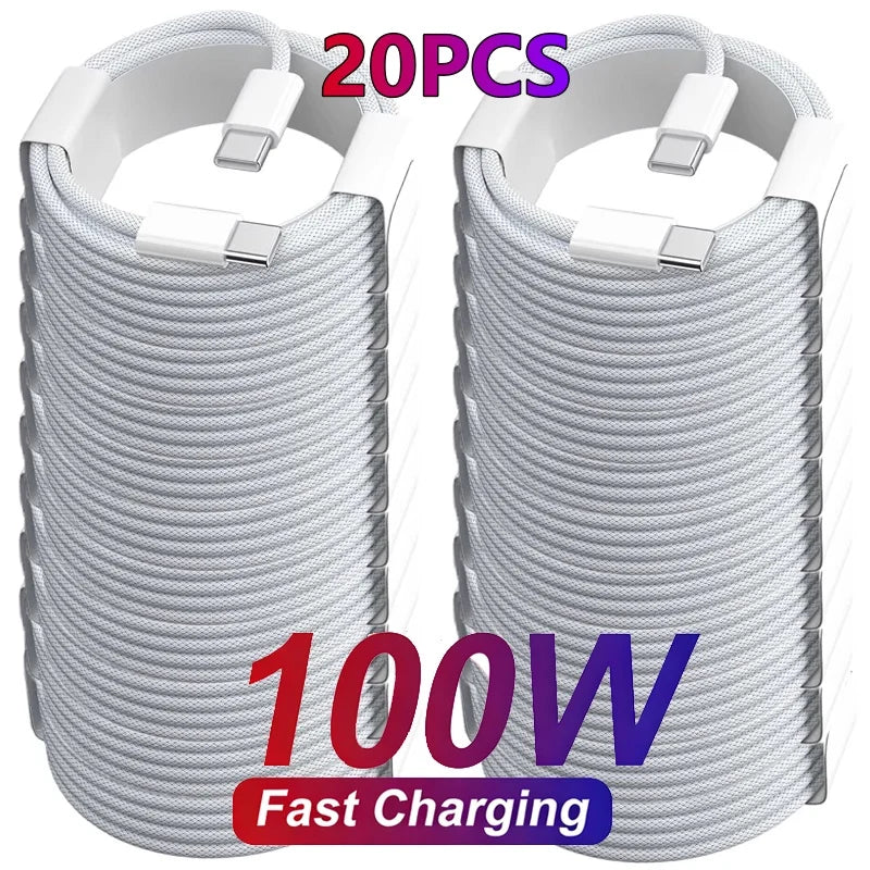 20-Pack 100W PD USB-C to USB-C Fast Charging Cables - Type-C Quick Charge Cords for iPhone 17 Pro Max, 16, 15, 14, 13, 12, 11, X and XS