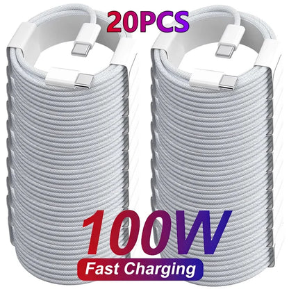 20-Pack 100W PD USB-C to USB-C Fast Charging Cables - Type-C Quick Charge Cords for iPhone 17 Pro Max, 16, 15, 14, 13, 12, 11, X and XS