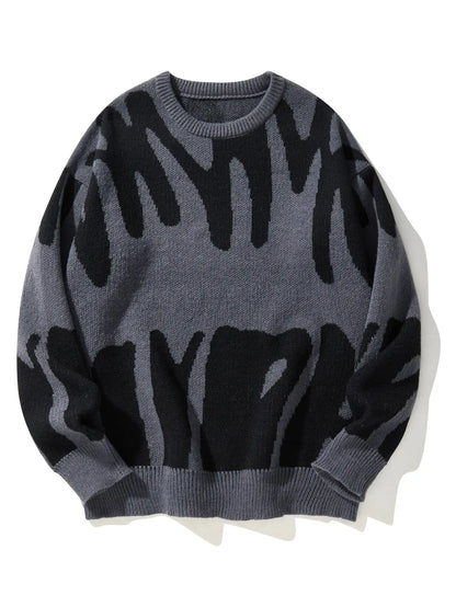 Men's Autumn Winter Jacquard Sweater - Irregular Pattern Contrast Color Round Neck Knitted Casual Pullover