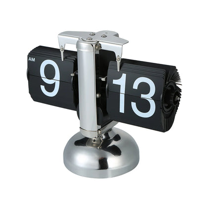 Small Retro Flip Clock – Stainless Steel Gear-Operated Table Clock, Black/White Quartz Design