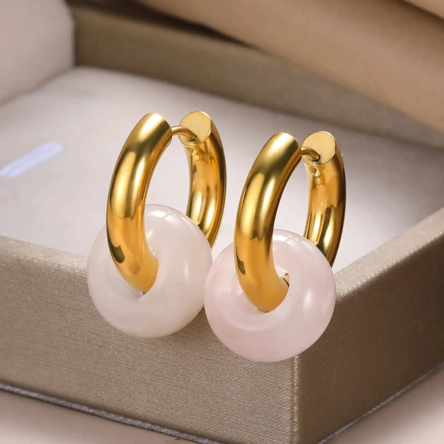 Leopard Bead Opal Stainless Steel Hoop Earrings — Gold Color, Anti-Fading Wedding & Prom Jewelry for Women, Gift Accessory