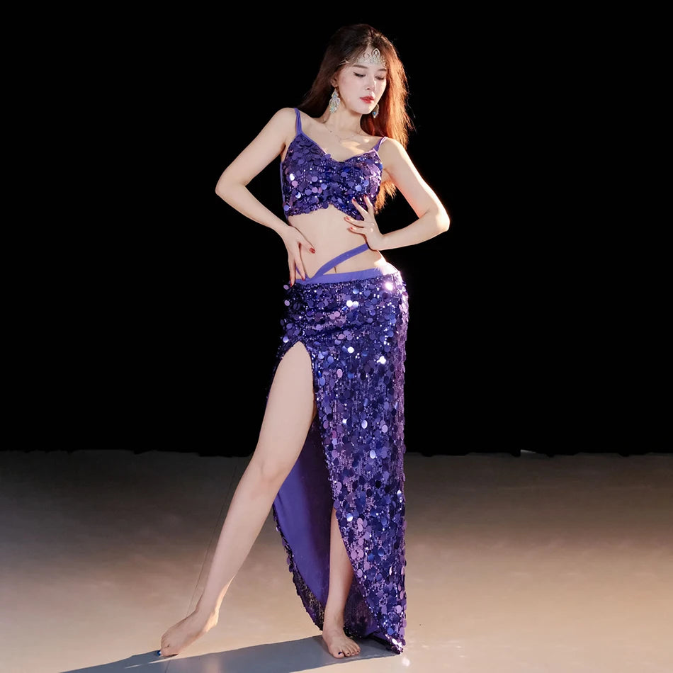 2-Piece Belly Dance Costume Set for Women – Sexy Sequin Top & Skirt Outfit for Stage Performance & Training
