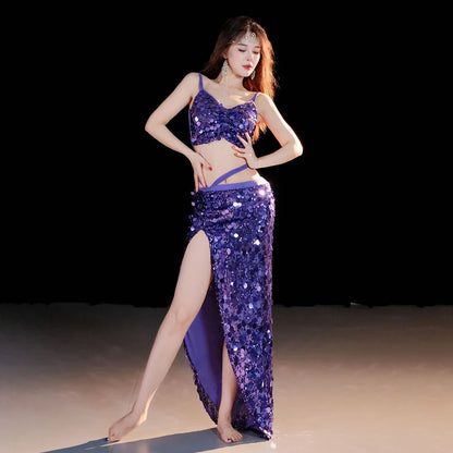 2-Piece Belly Dance Costume Set for Women – Sexy Sequin Top & Skirt Outfit for Stage Performance & Training