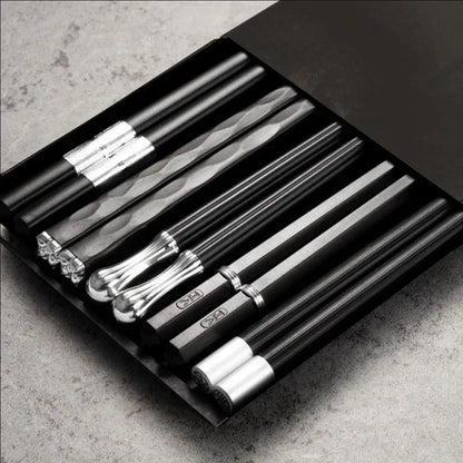 5 Pairs Japanese Reusable Chopsticks – Black Sushi Sticks for Food, Noodles, Alloy Chinese & Korean Kitchen Tableware