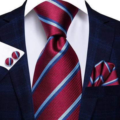 Hi-Tie Red Burgundy Plaid Silk Tie Set — Designer Men’s Necktie with Handkerchief & Cufflinks for Wedding or Business