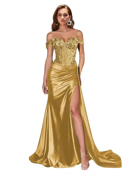 Dark Navy Off-Shoulder Prom Dress – Sweetheart Beaded Lace Evening Gown with High Side Slit, 2025 Custom