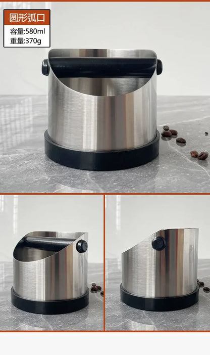 Stainless Steel Coffee Knock Box – Non-Slip Espresso Ground Bin with Rubber Ring and Beveled Design