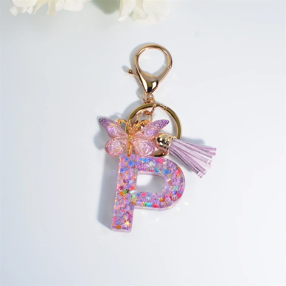 A-Z Sequin Initial Keychain - Dreamy Butterfly Tassel Pendant Bag & Purse Charm for Women
