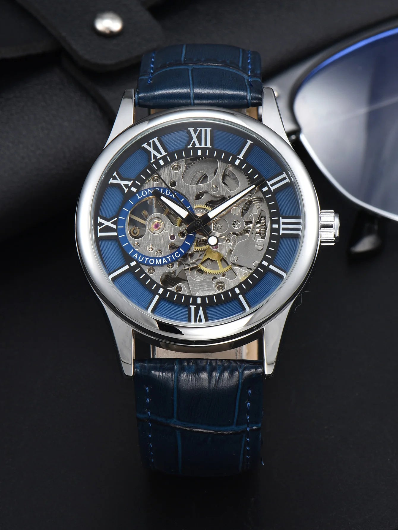 LONGLUX Rome Automatic Mechanical Waterproof Men’s Watch – Hollow Dial Leather Wristwatch Gift