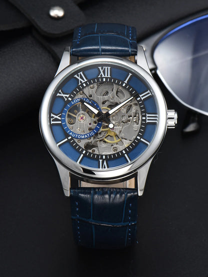 LONGLUX Rome Automatic Mechanical Waterproof Men’s Watch – Hollow Dial Leather Wristwatch Gift