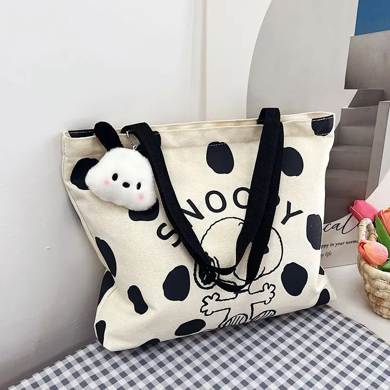 MINISO Snoopy Canvas Bag — Women’s Large Capacity Cartoon Handbag, Multi-Purpose Shoulder Tote with Hanging Accessory