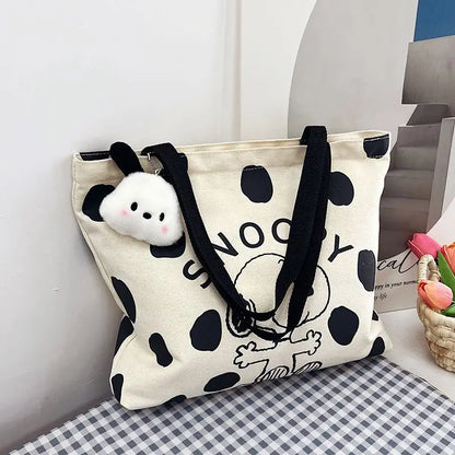MINISO Snoopy Canvas Bag — Women’s Large Capacity Cartoon Handbag, Multi-Purpose Shoulder Tote with Hanging Accessory