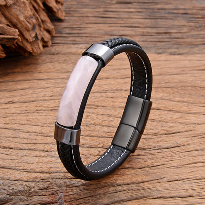 Natural Hematite & Pink Tiger Eye Stone Bracelet – Handmade Braided Leather Men’s Jewelry Bangle 2022
