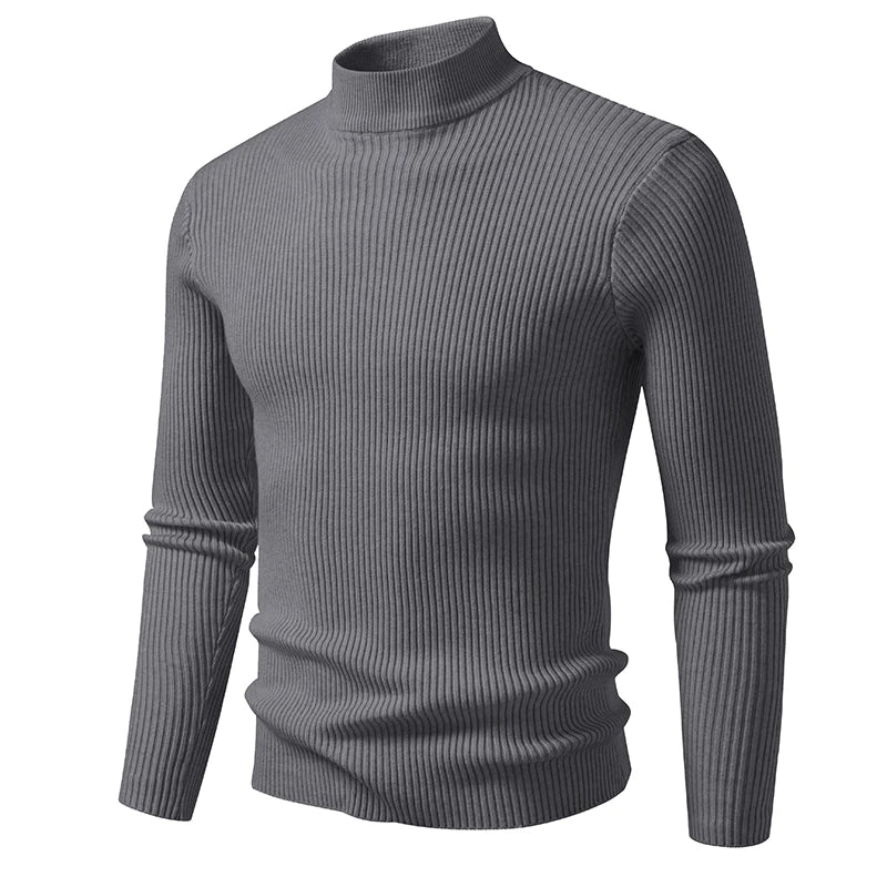 Men's Mock Neck Pullover Sweater - Striped High Neck Long Sleeve Winter Warm Casual Knitwear