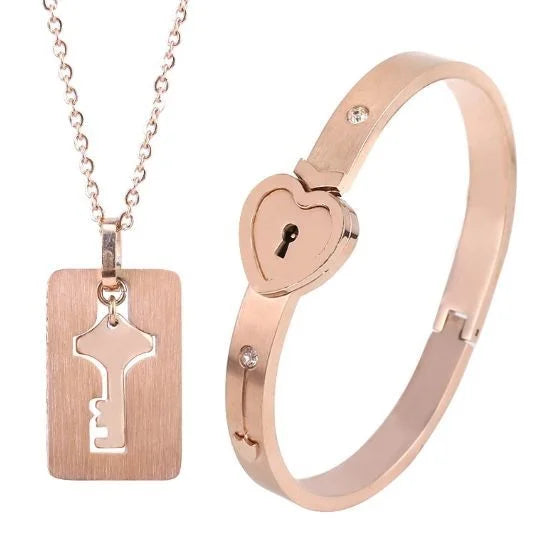 Couple Stainless Steel Love Lock Bracelet with Key Pendant Necklace – Romantic Jewelry Gift for Men and Women
