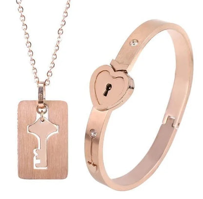 Couple Stainless Steel Love Lock Bracelet with Key Pendant Necklace – Romantic Jewelry Gift for Men and Women