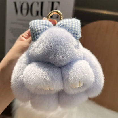 Cute Fluffy Bunny Fur Keychain – Plush Pom Pom Bag Charm and Car Key Ring with Hair Bow
