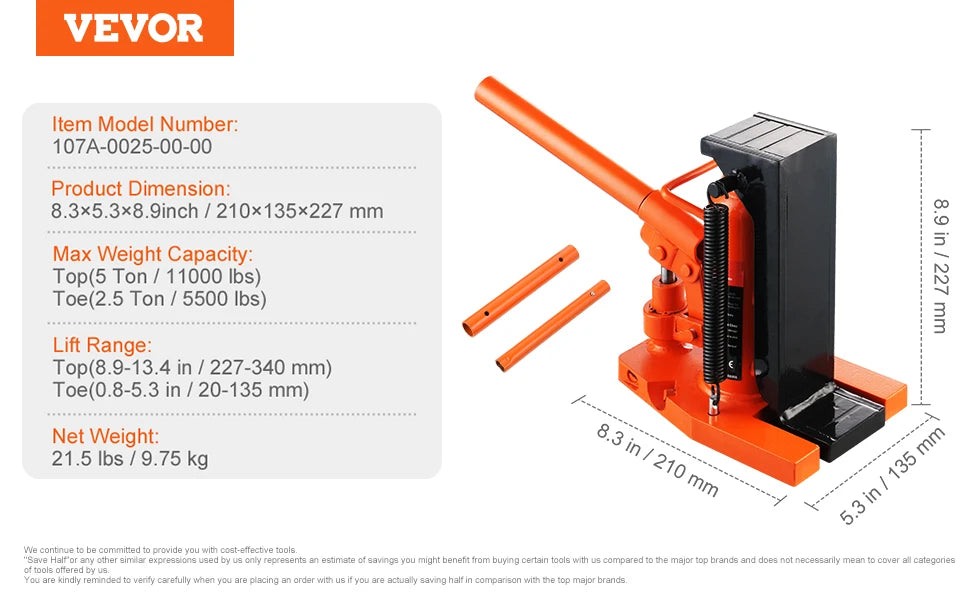 SucceBuy Hydraulic Toe Jack 2.5T – 5T Top Lift Capacity Machine Jack with 0.8–5.3in Toe & 8.9–13.4in Top Height