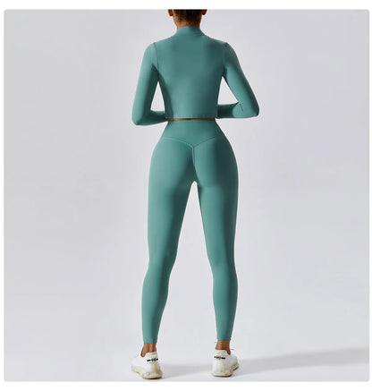 3PCS Women’s Yoga & Workout Set – Long Sleeve Zipper Top with High Waist Leggings Fitness Sportswear