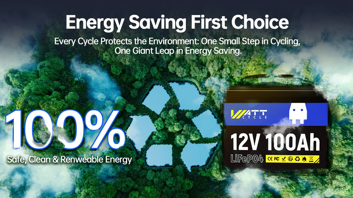 Wattcycle 12V 100Ah LiFePO4 Battery Pack – Grade A Rechargeable Lithium Iron Phosphate for Home & Outdoor Energy Storage