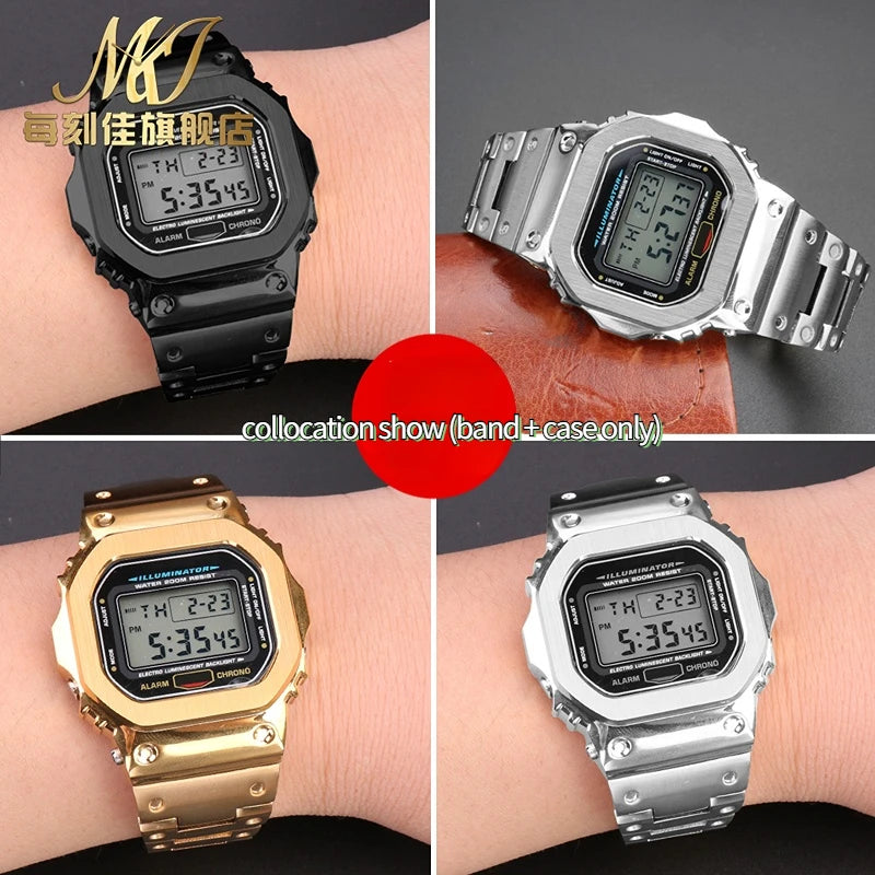Stainless Steel Metal Case & Strap for Casio G-SHOCK DW5600, GW-M5610, 5000 & GW-B5600 – Gold & Black Modified Watchband