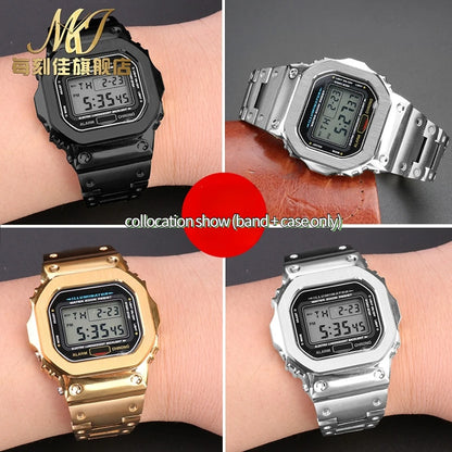 Stainless Steel Metal Case & Strap for Casio G-SHOCK DW5600, GW-M5610, 5000 & GW-B5600 – Gold & Black Modified Watchband