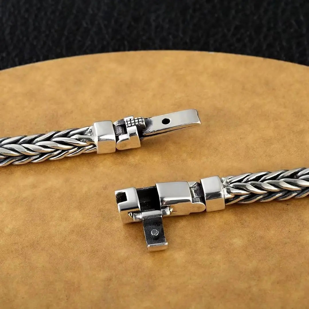 S925 Sterling Silver Woven Bracelet - Handmade Retro Unisex Jewelry with Bold Personal Style