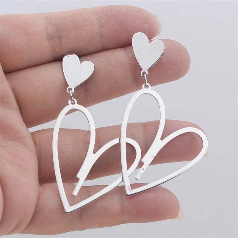 2024 Trendy Heart Dangle Earrings — Double-Layer Love Pendants for Women, Bohemian Hanging Ear Jewelry