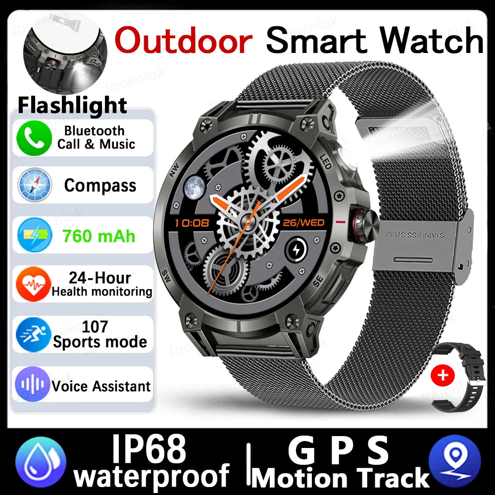 Military Smartwatch for Men – 760mAh Battery, LED Flashlight, Compass, 1.8" HD Screen, Heart Rate, Waterproof, BT Call