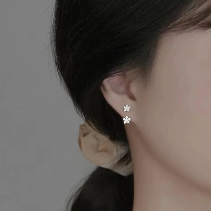 French Design Double Flower Dangle Earrings – Stainless Steel Crystal Cartilage Piercing Jewelry for Women
