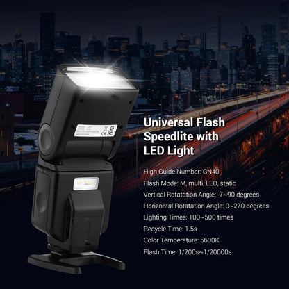 Andoer GN40 Flash Speedlite – Adjustable LED Fill Light with Bracket, On-Camera Flash for Canon & Nikon DSLR Cameras