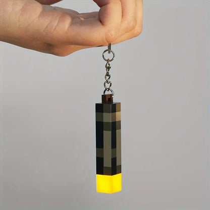 Glow-in-the-Dark Anime Gamer Keychain – Classic Torch Design with Pixelated Wooden Texture Plastic Pendant
