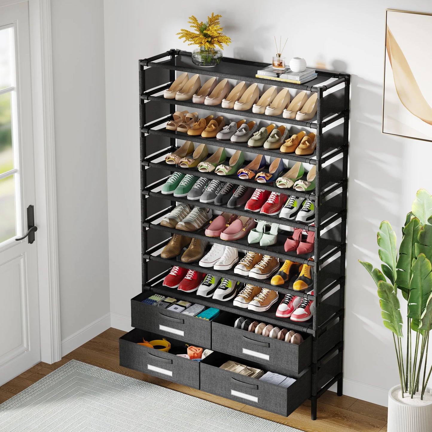 Tribesigns 10-Tier Shoe Rack Organizer – Vertical Shoe Shelf with 4 Drawer Bins, Holds 32 Pairs for Closet & Entryway