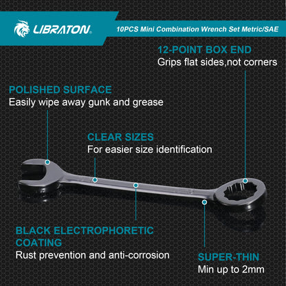 LIBRATON 10-Piece Mini Combination Wrench Set with Rolling Pouch – Metric & SAE Carbon Steel 4-11mm / 5/32"-7/16"