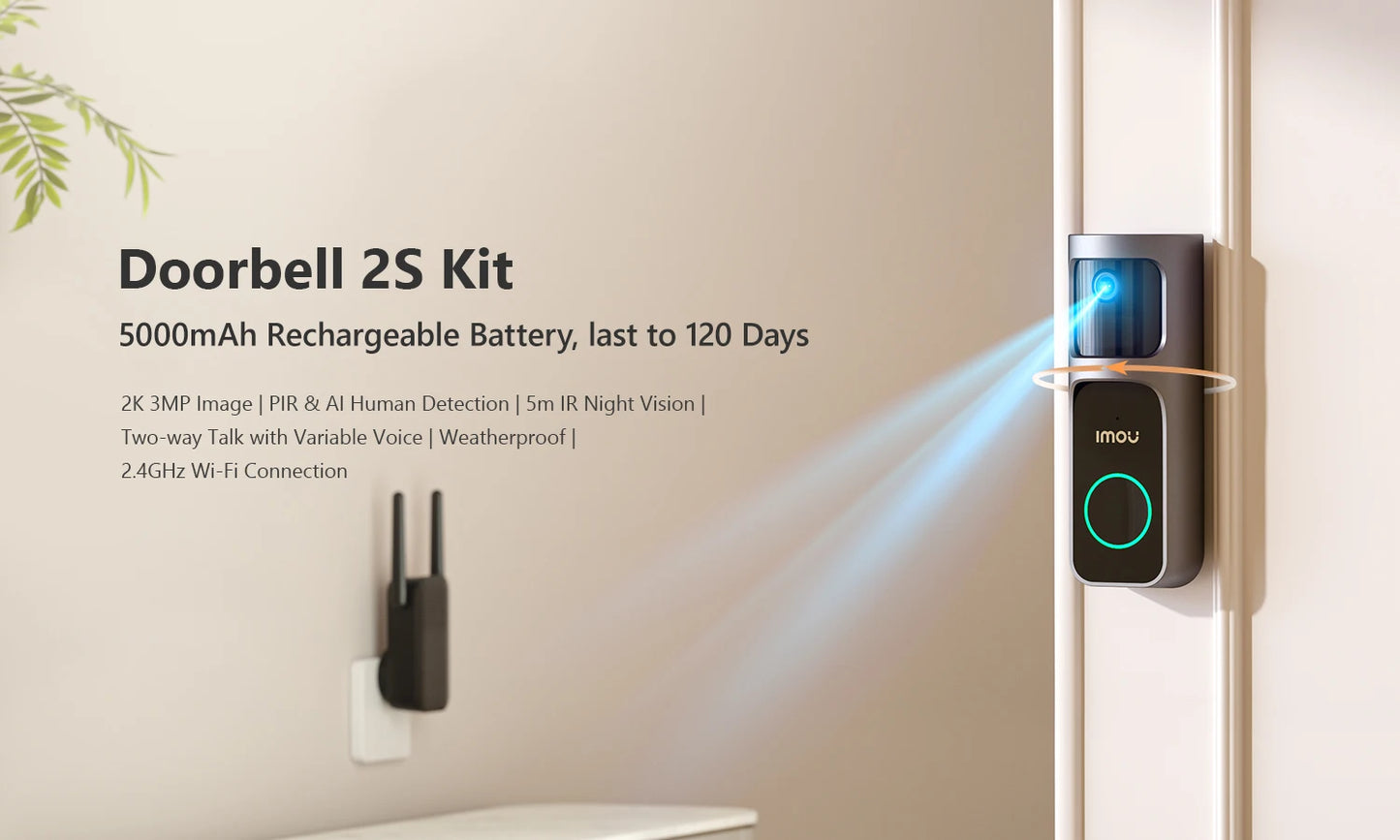 IMOU Video Doorbell 2S – 5000mAh Rechargeable Battery, 30° Pan Lens, Human Detection, Two-Way Talk, Waterproof, 100% Wire-Free with Chime