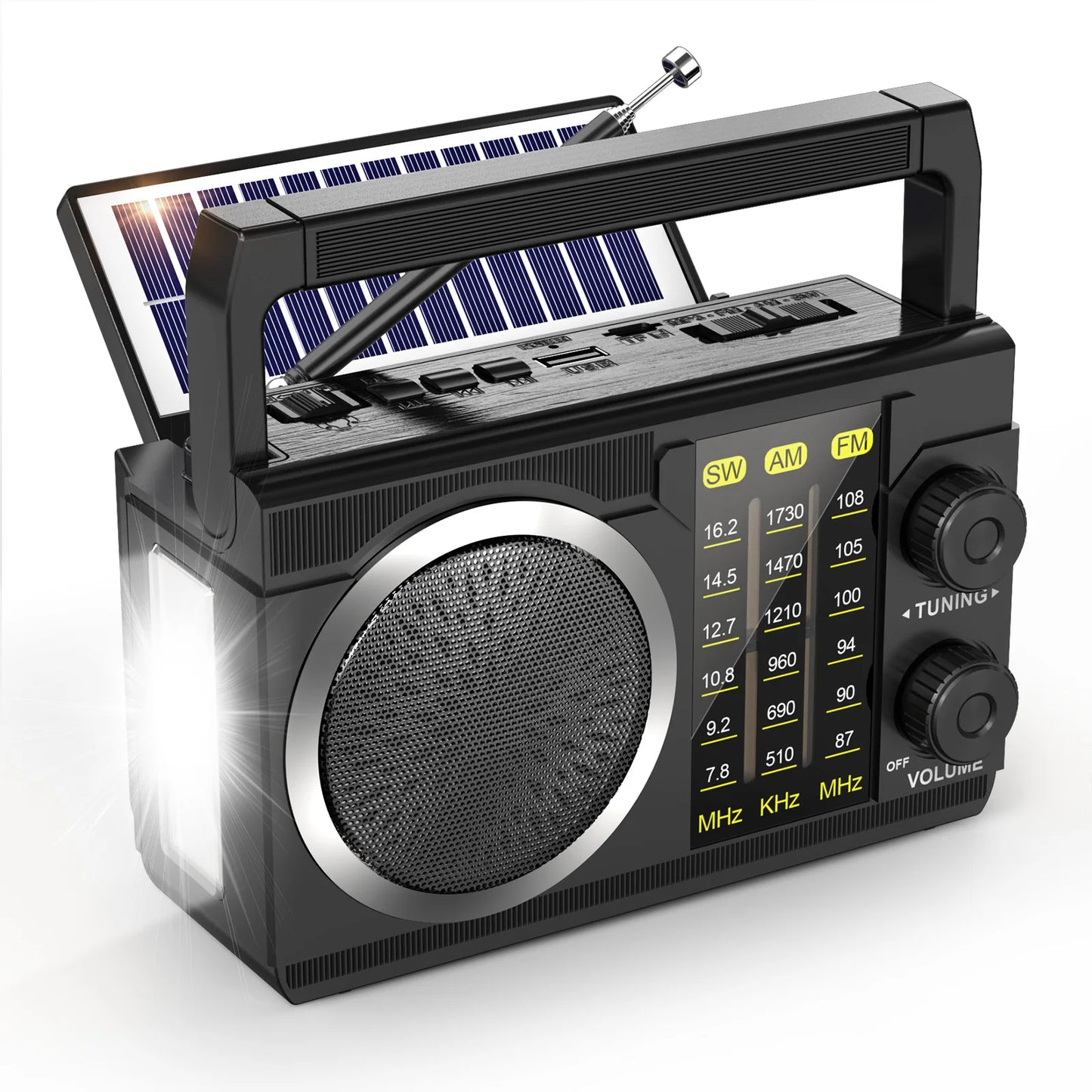 J-02S Portable AM/FM/SW Radio – Dual Antenna Solar Rechargeable 1800mAh Battery, Bluetooth Music Player for Outdoor Emergency Use