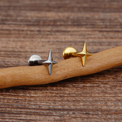 Right Grand ASTM F136 Titanium 16G Four-Pointed Star Cartilage Stud Earring – Helix, Tragus, Flatback Labret & Nose Piercing Jewelry