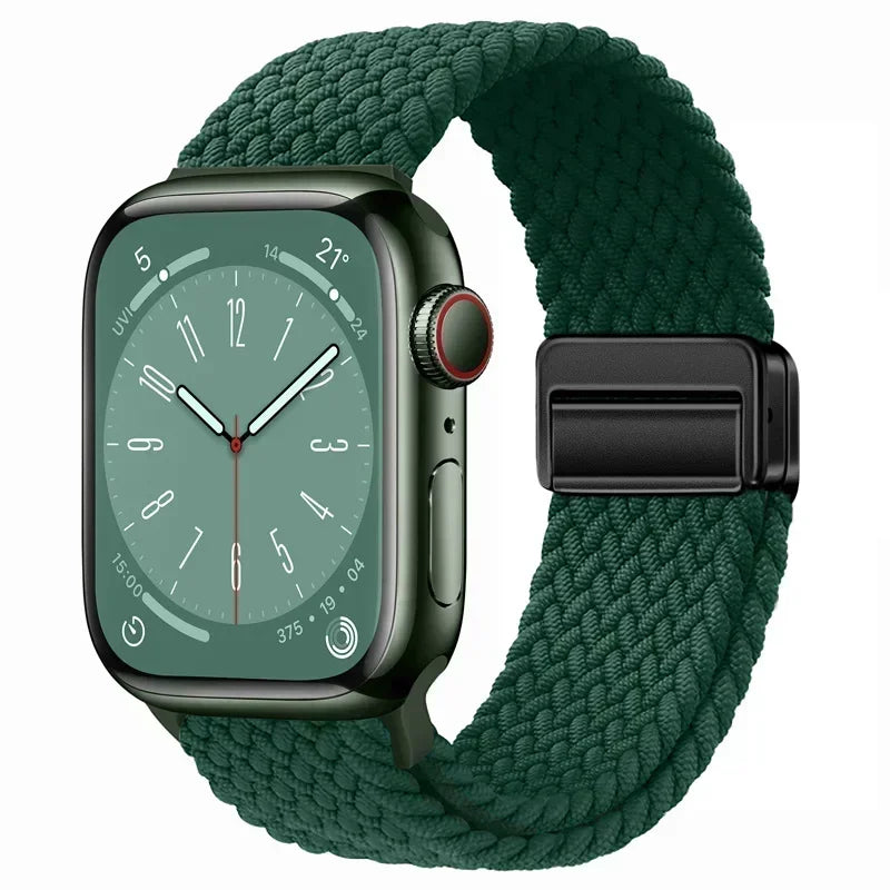 Nylon Braided Loop Apple Watch Band – Magnetic Metal Bracelet Strap for Ultra 2, Series 3–9 & SE (40mm–49mm) Adjustable Wristband