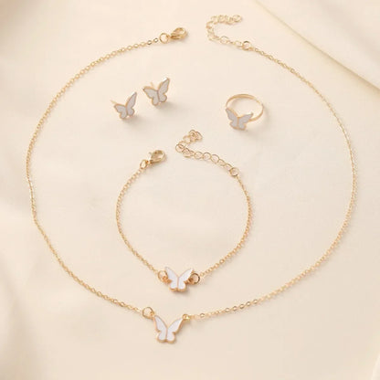 White Butterfly Drop Glazed Necklace – Exquisite Simple Fashion Collarbone Chain Jewelry Set with Earrings and Rings