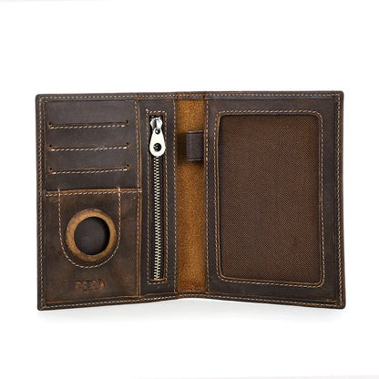 Genuine Cow Leather Passport Holder with AirTag Case – RFID Blocking Travel Wallet with Pen, Card Holder & Anti-Lost Pocket