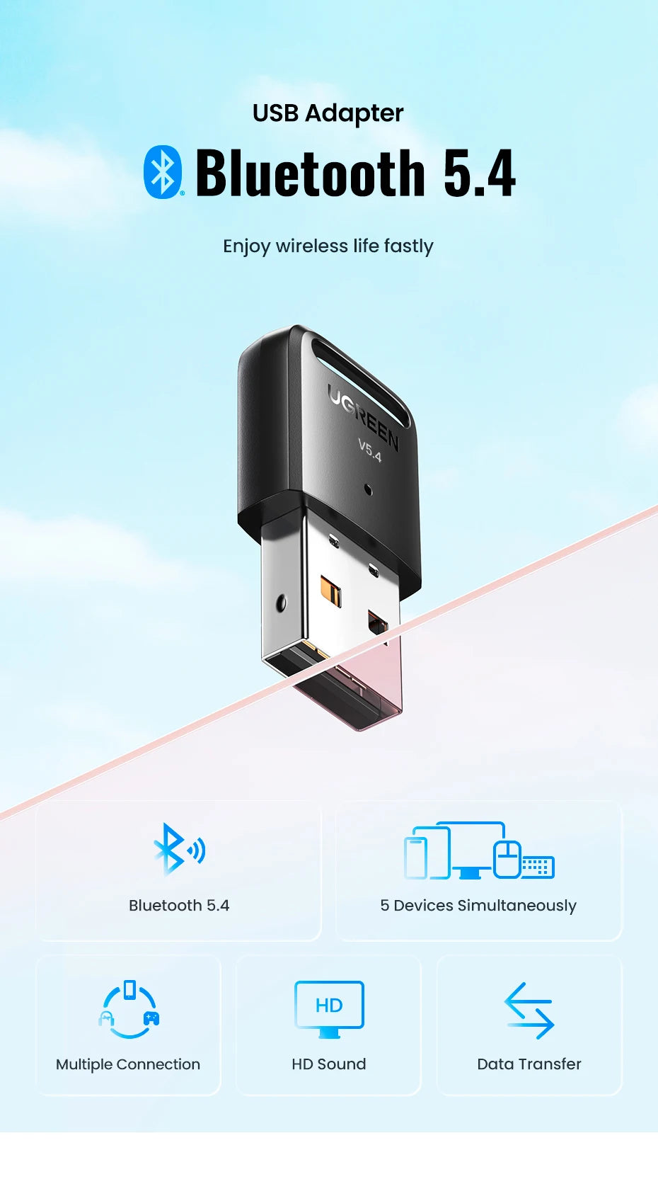 Bluetooth 5.4 USB Adapter for PC – Wireless Dongle for Mouse, Keyboard, Audio & Music Receiver Transmitter