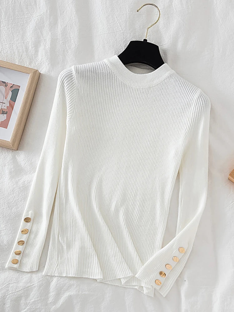 2024 Women's Thick Knit Sweater - Casual Autumn/Winter Pullovers in Khaki with Button Detail, O-Neck Chic Slim Fit Jumper Top